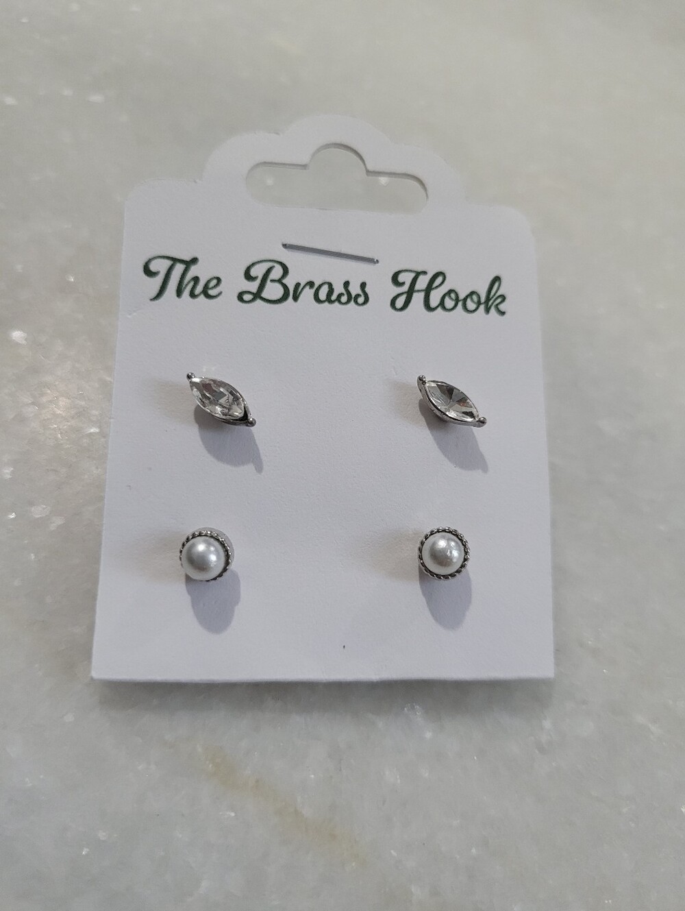 2-Pair Silver Tone Crystal & Faux Pearl Stud Earrings